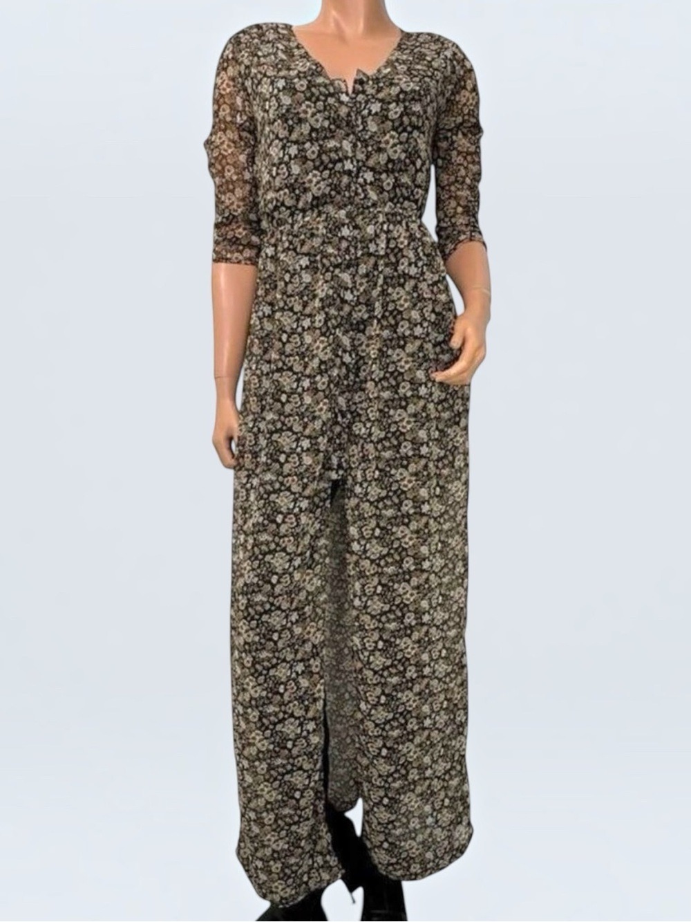 Bershka Maxi Micro Floral Brown Button Down Dress S High Split Duster Y2K Indie